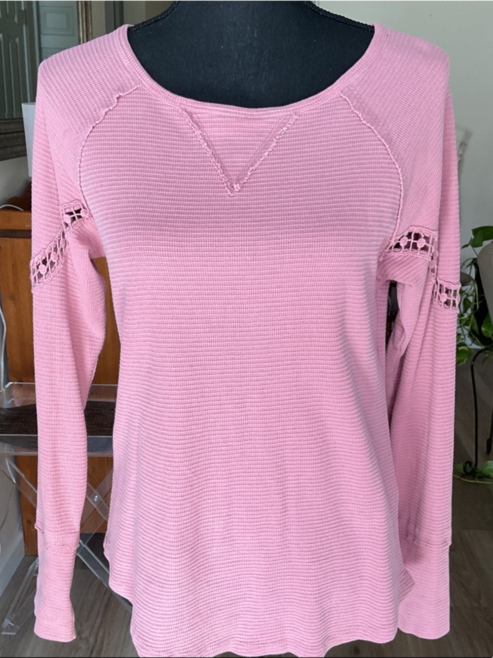 Women's Pink Waffle Knit Long-Sleeve Top with Lace-Inset Sleeves